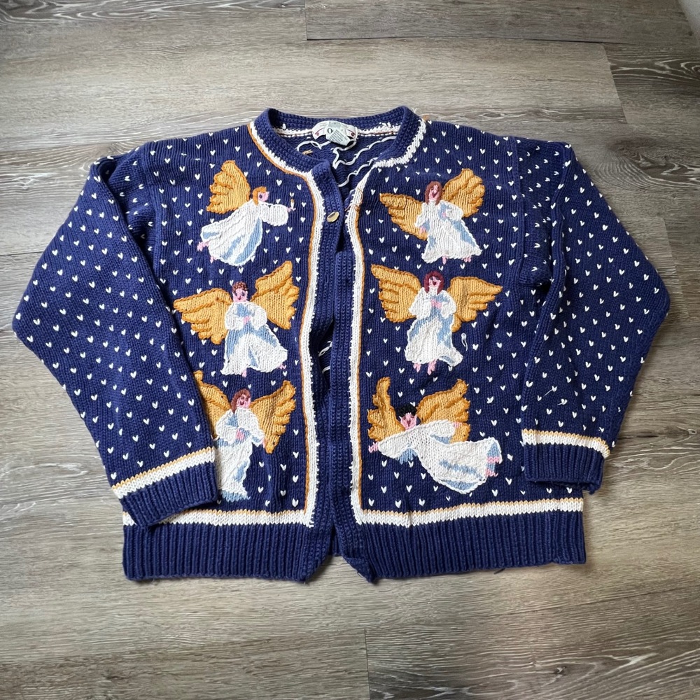Orvis Cardigan Womens 14/16 Navy Angel Heart Embroidered Vintage Knit Sweater